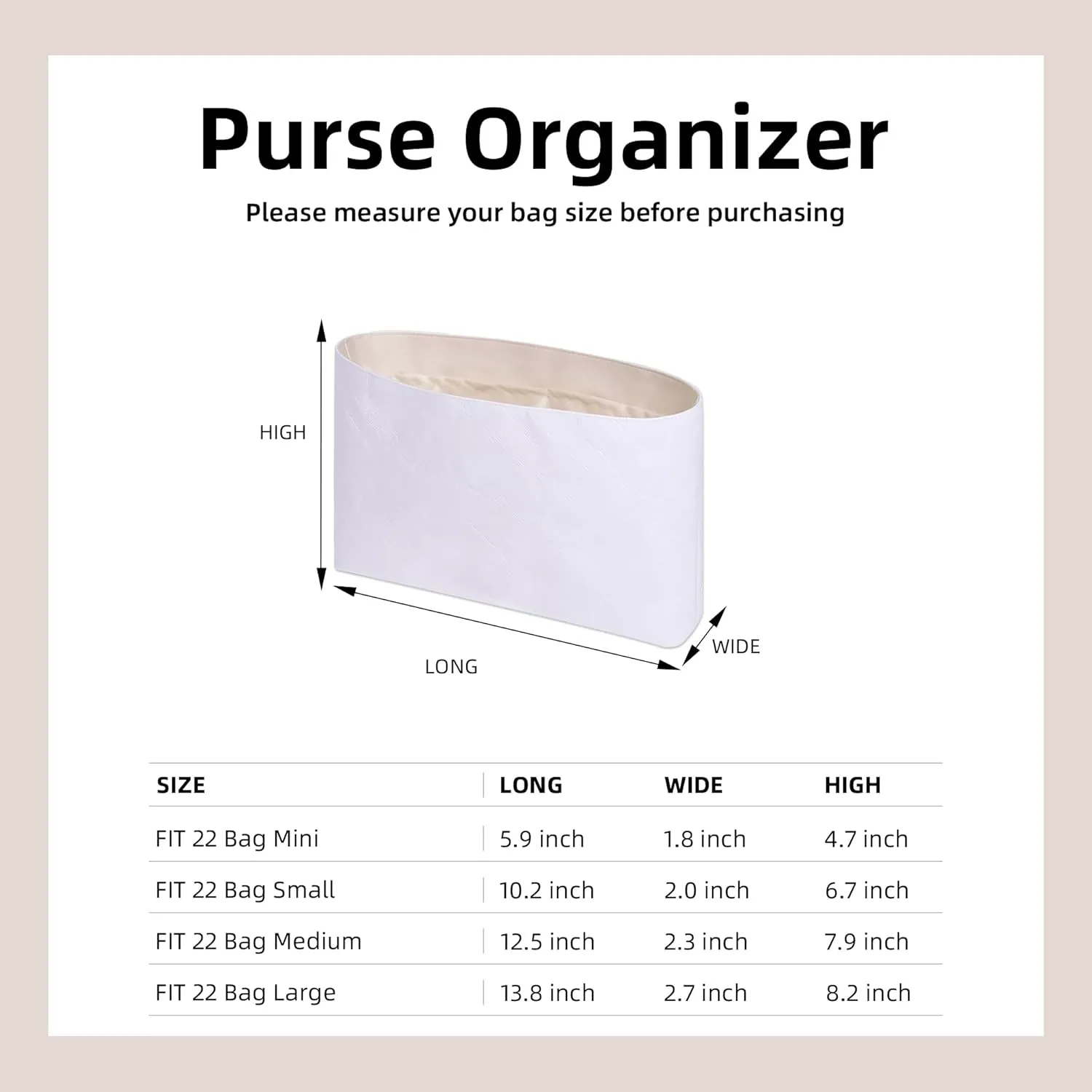 DGAZ Lightweight Purse Organizer Insert for Chanel 22 Bag,Silk and Dupontpaper handbag inner for Luxury Bags(Craie,M)