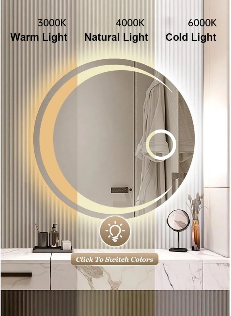 Dimmable Makeup Mirror with Lights, 3 Color Light, Anti-Fog, Shatterproof, Led Bathroom Wall Mirror, Time Temperature Display(3/Demisting,90cm/35.4in)