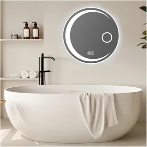 Dimmable Makeup Mirror with Lights, 3 Color Light, Anti-Fog, Shatterproof, Led Bathroom Wall Mirror, Time Temperature Display(3/Demisting,90cm/35.4in)