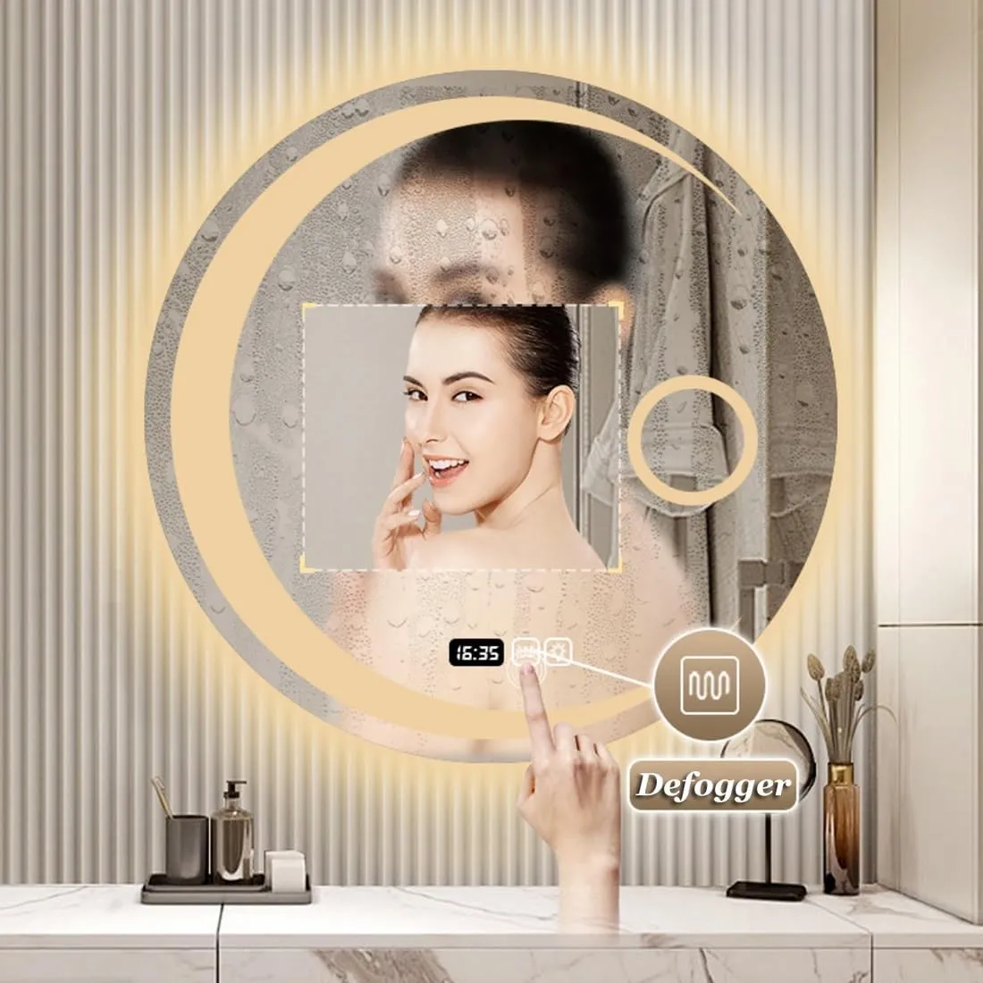 Dimmable Makeup Mirror with Lights, 3 Color Light, Anti-Fog, Shatterproof, Led Bathroom Wall Mirror, Time Temperature Display(3/Demisting,90cm/35.4in)
