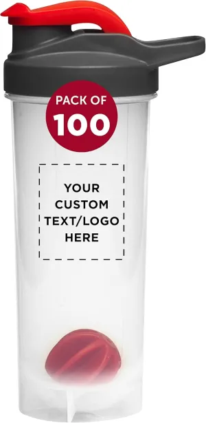 DISCOUNT PROMOS Custom Plastic Shaker Bottles with Mixer 24 oz. Set of 100, Personalized Bulk Pack - Perfect for Protein Shake, Smoothie and More! - Red