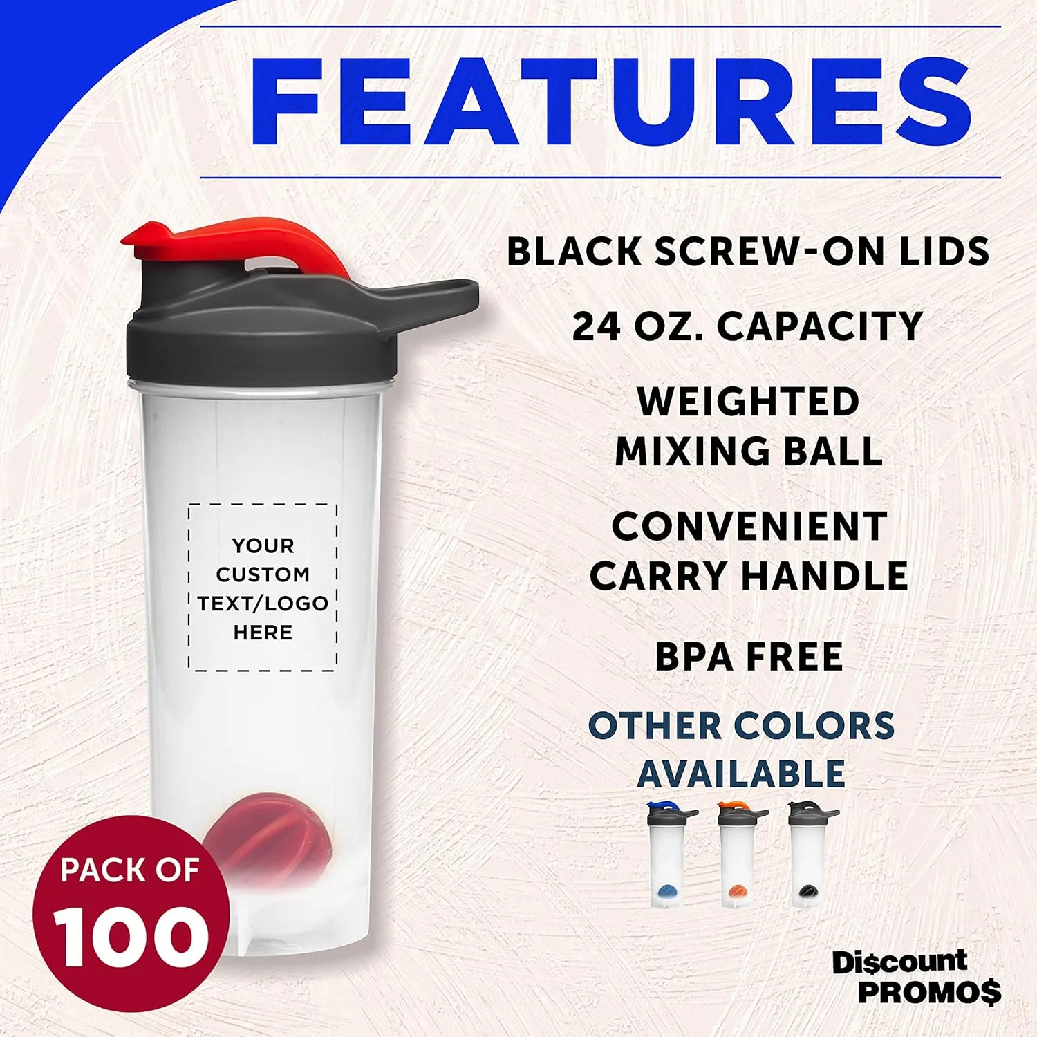DISCOUNT PROMOS Custom Plastic Shaker Bottles with Mixer 24 oz. Set of 100, Personalized Bulk Pack - Perfect for Protein Shake, Smoothie and More! - Red