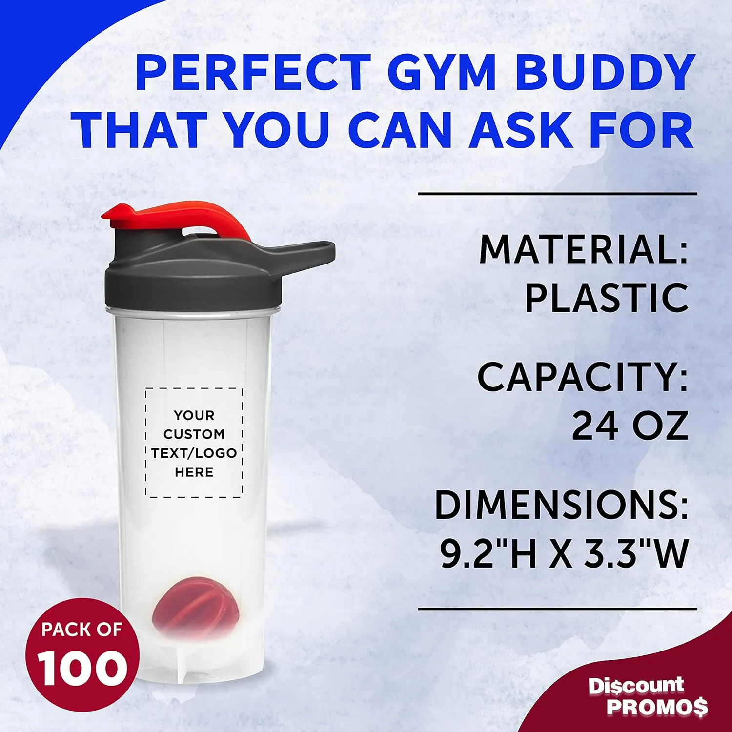 DISCOUNT PROMOS Custom Plastic Shaker Bottles with Mixer 24 oz. Set of 100, Personalized Bulk Pack - Perfect for Protein Shake, Smoothie and More! - Red
