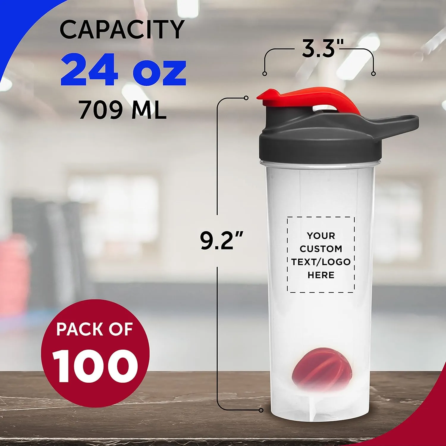DISCOUNT PROMOS Custom Plastic Shaker Bottles with Mixer 24 oz. Set of 100, Personalized Bulk Pack - Perfect for Protein Shake, Smoothie and More! - Red
