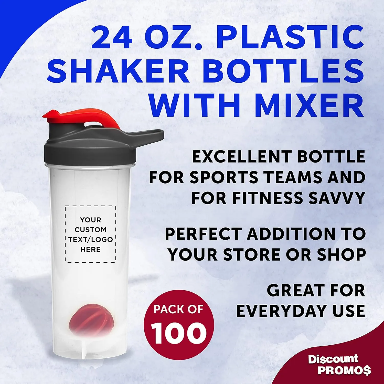 DISCOUNT PROMOS Custom Plastic Shaker Bottles with Mixer 24 oz. Set of 100, Personalized Bulk Pack - Perfect for Protein Shake, Smoothie and More! - Red