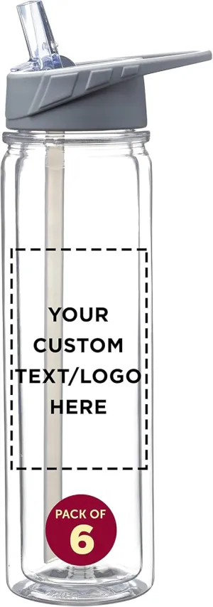 DISCOUNT PROMOS Custom Tritan Sports Bottles with Straw 19 oz. Set of 6, Personalized Bulk Pack - Great for Gym, Hiking, Cycling, Camping, Backpacking, School - Clear