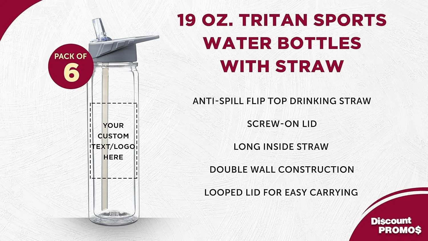 DISCOUNT PROMOS Custom Tritan Sports Bottles with Straw 19 oz. Set of 6, Personalized Bulk Pack - Great for Gym, Hiking, Cycling, Camping, Backpacking, School - Clear