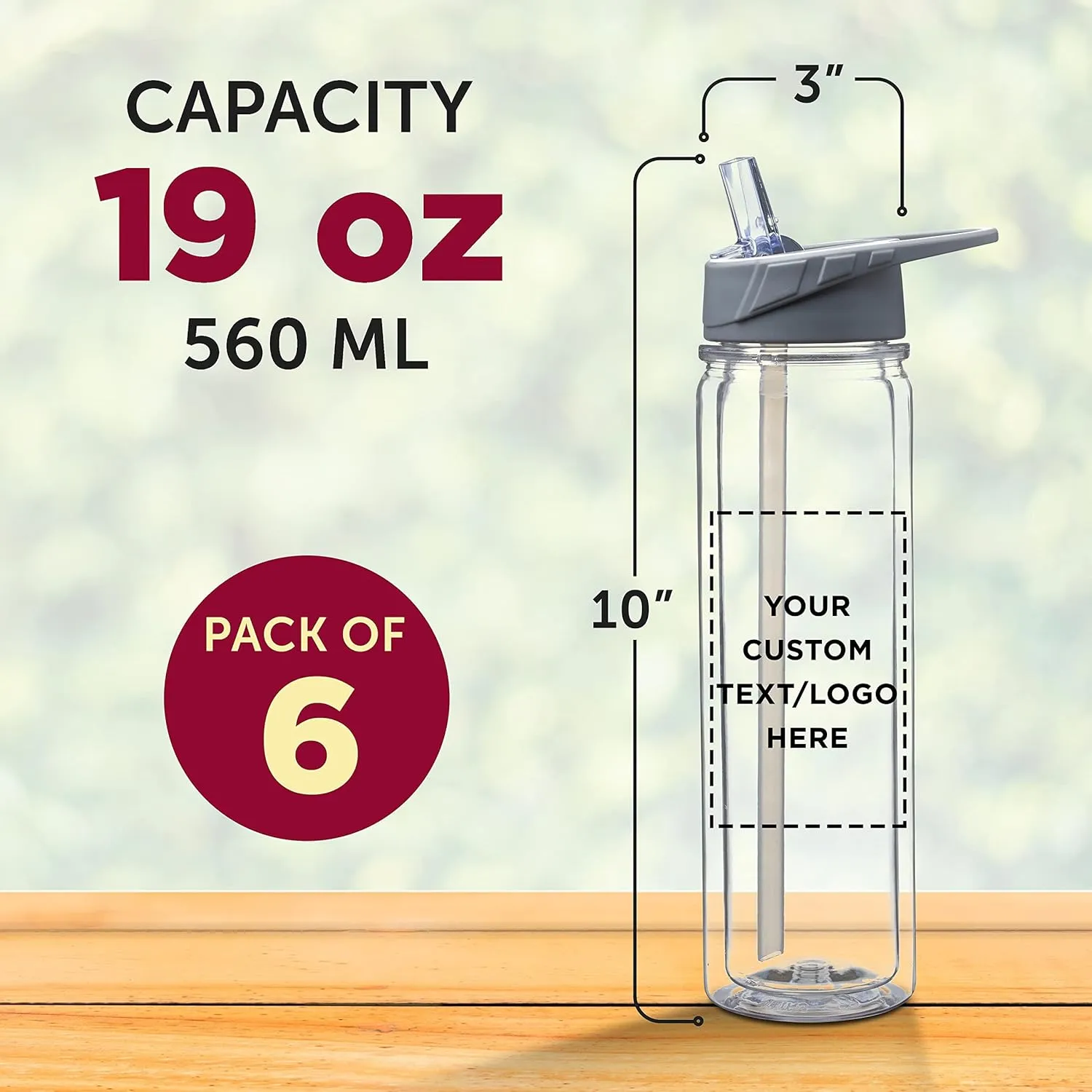 DISCOUNT PROMOS Custom Tritan Sports Bottles with Straw 19 oz. Set of 6, Personalized Bulk Pack - Great for Gym, Hiking, Cycling, Camping, Backpacking, School - Clear