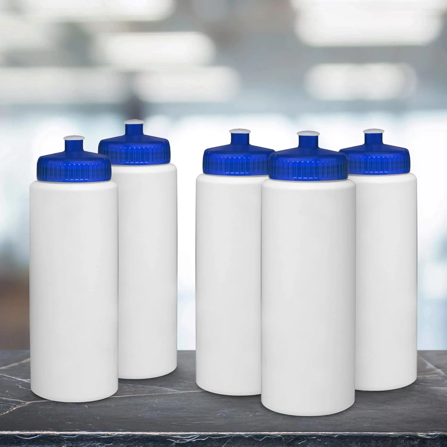 DISCOUNT PROMOS HDPE Plastic Leak-Free Bottles 32 oz. Set of 10, Bulk Pack - BPA Free, Great for Gym, Camping, Backpacking, School - Trans Blue