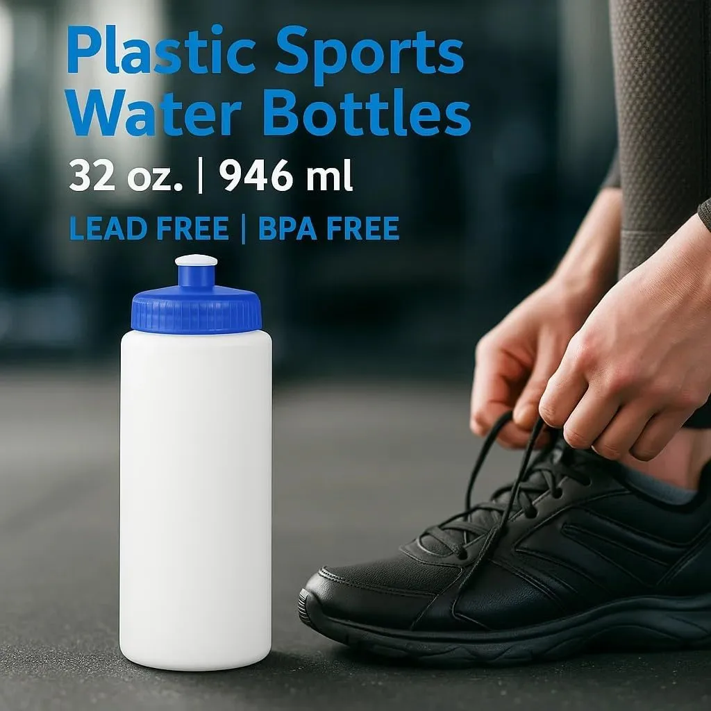 DISCOUNT PROMOS HDPE Plastic Leak-Free Bottles 32 oz. Set of 10, Bulk Pack - BPA Free, Great for Gym, Camping, Backpacking, School - Trans Blue