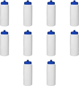 DISCOUNT PROMOS HDPE Plastic Leak-Free Bottles 32 oz. Set of 10, Bulk Pack - BPA Free, Great for Gym, Camping, Backpacking, School - Trans Blue