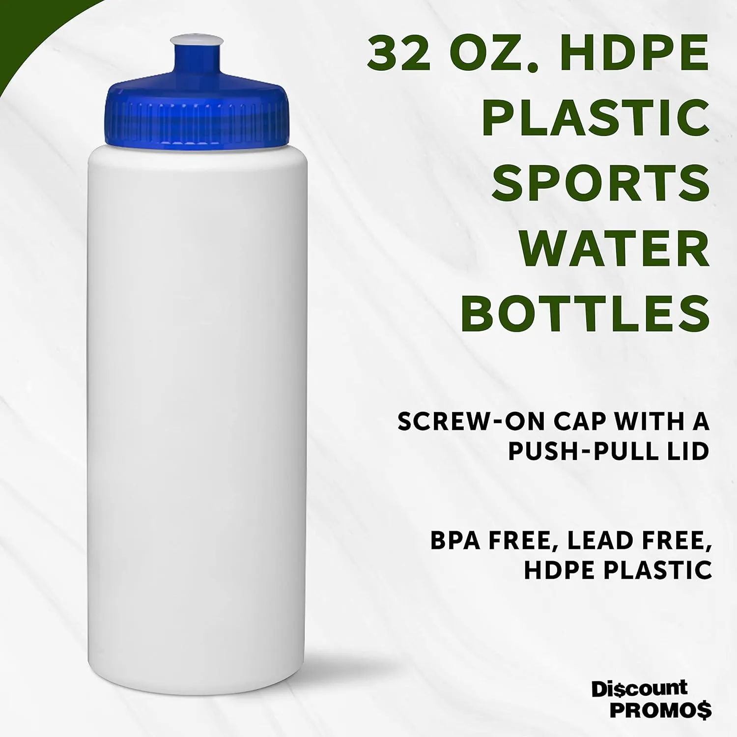 DISCOUNT PROMOS HDPE Plastic Leak-Free Bottles 32 oz. Set of 10, Bulk Pack - BPA Free, Great for Gym, Camping, Backpacking, School - Trans Blue