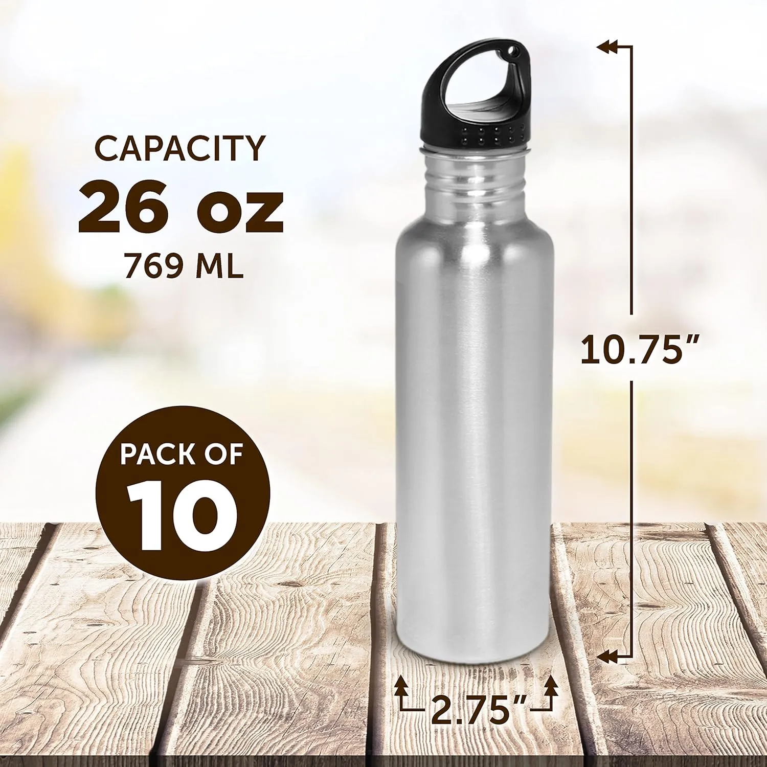 DISCOUNT PROMOS Stainless Steel Water Bottles 26 oz. Set of 10, Bulk Pack - Reusable, Leak Proof, Perfect for Gym, Hiking, Camping, Outdoor Sports - Silver