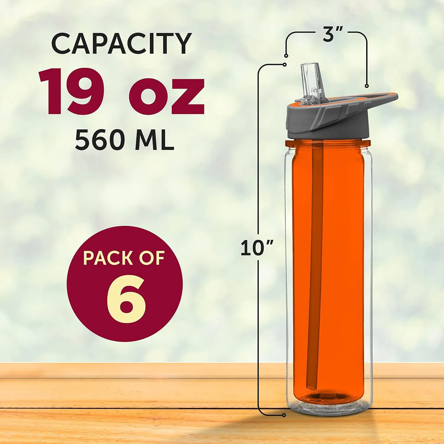 DISCOUNT PROMOS Tritan Sports Bottles with Straw 19 oz. Set of 6, Bulk Pack - Great for Gym, Hiking, Cycling, Camping, Backpacking, School - Orange
