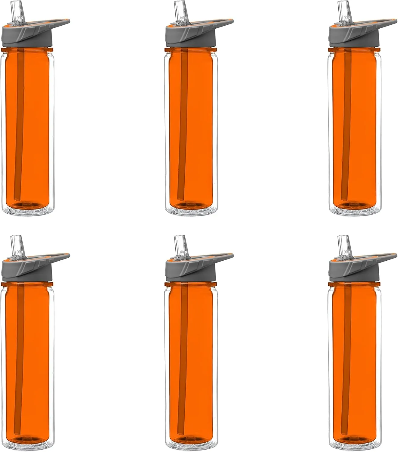 DISCOUNT PROMOS Tritan Sports Bottles with Straw 19 oz. Set of 6, Bulk Pack - Great for Gym, Hiking, Cycling, Camping, Backpacking, School - Orange