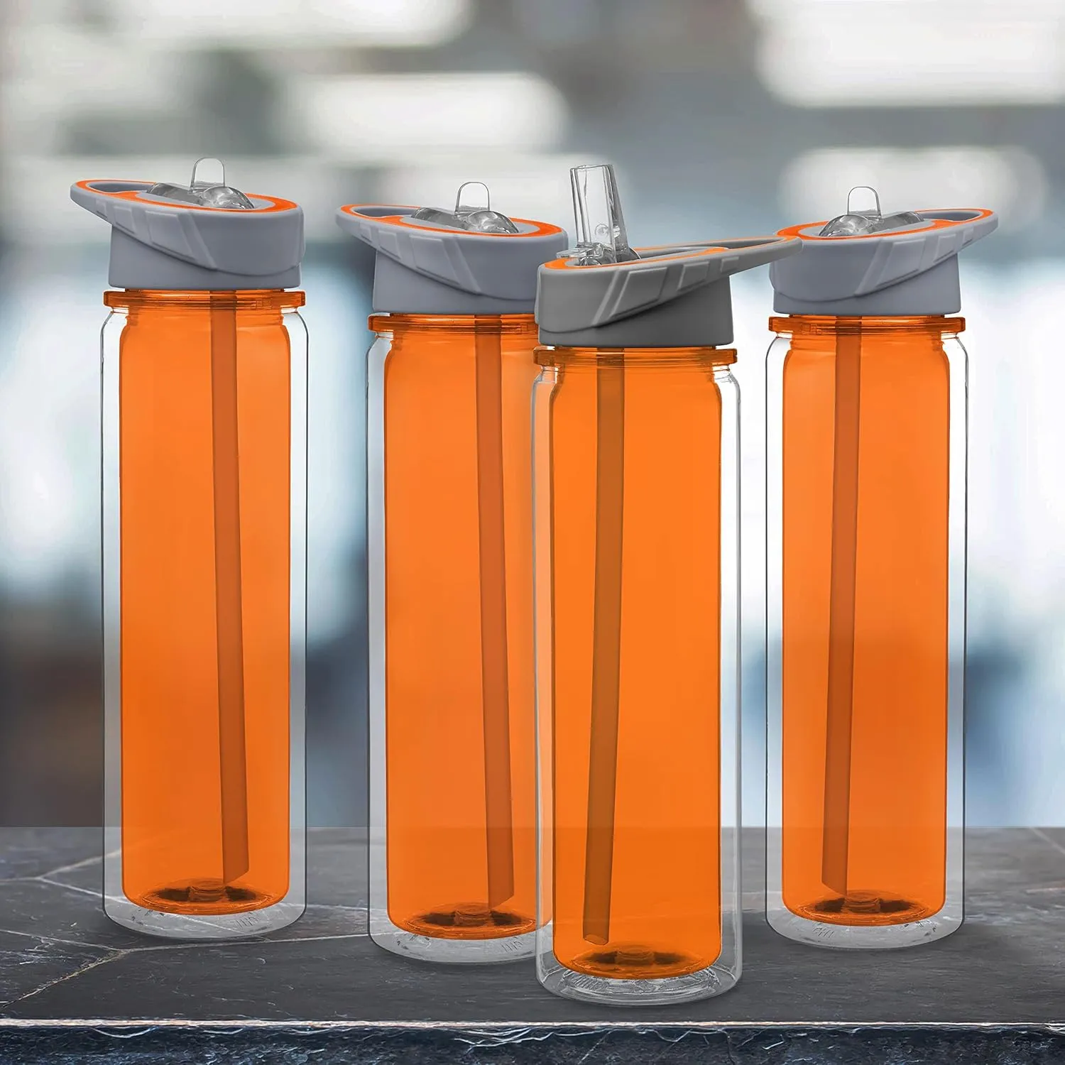 DISCOUNT PROMOS Tritan Sports Bottles with Straw 19 oz. Set of 6, Bulk Pack - Great for Gym, Hiking, Cycling, Camping, Backpacking, School - Orange