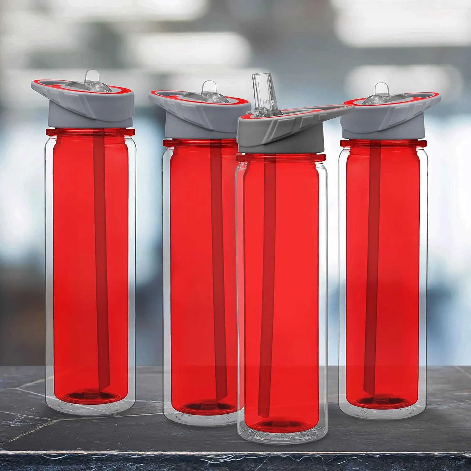 DISCOUNT PROMOS Tritan Sports Bottles with Straw 19 oz. Set of 6, Bulk Pack - Great for Gym, Hiking, Cycling, Camping, Backpacking, School - Red