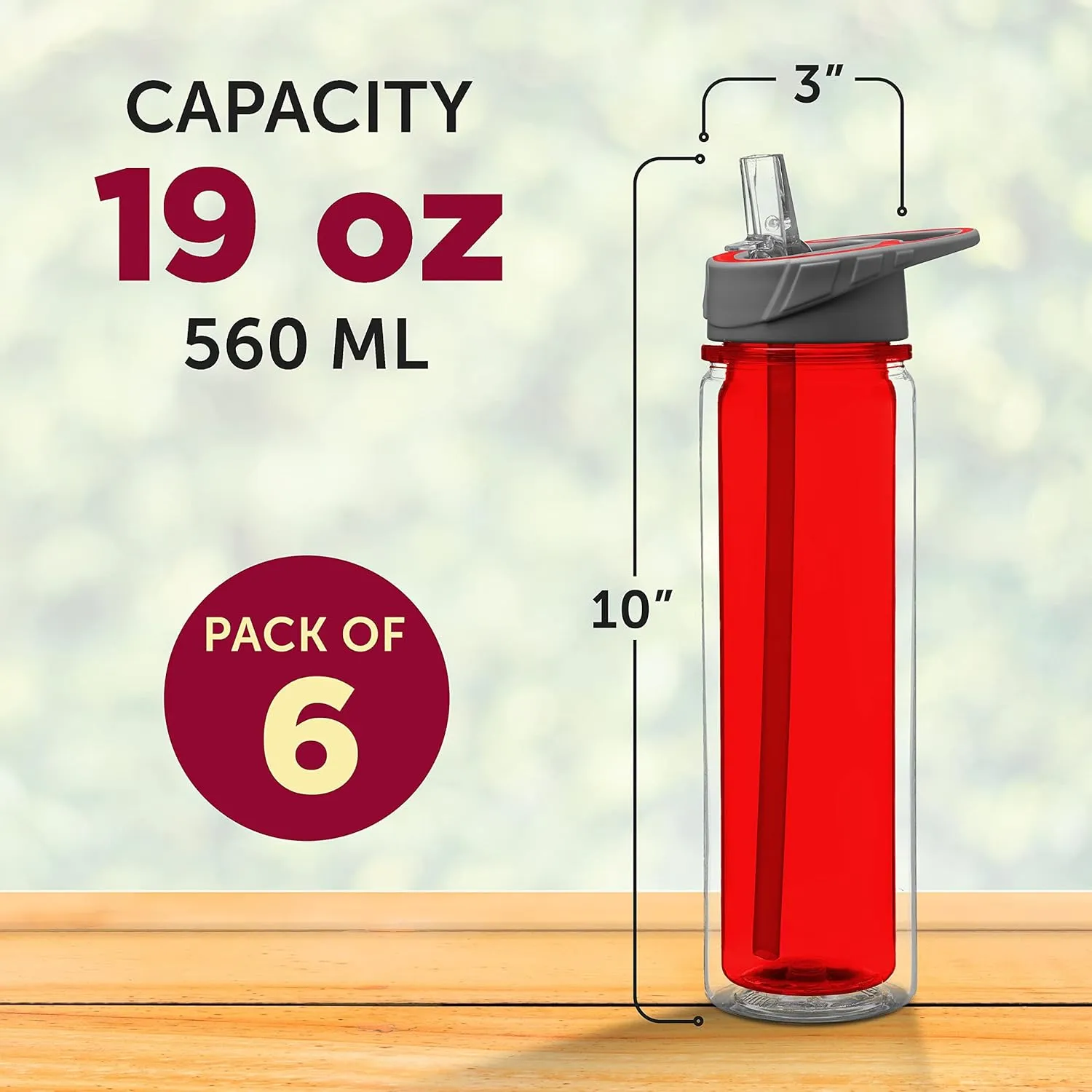 DISCOUNT PROMOS Tritan Sports Bottles with Straw 19 oz. Set of 6, Bulk Pack - Great for Gym, Hiking, Cycling, Camping, Backpacking, School - Red