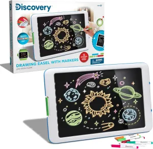 Discovery Kids Neon Glow Drawing Easel w/ 6 Color Markers, Built-in Kickstand/Wall Mount, 5 Light Modes, Easy Clean/Washable, Wide Screen, Flat Storage, Portable Travel Activity, Electronic Activity