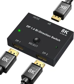 DisplayPort Switch 8K Splitter Bidirectional DP 1.4 Switcher Box 2 in 1 Out / 1 in 2 Out Supports 8K 30Hz / 4K 120Hz Compatible with PC Host Monitor Laptop etc