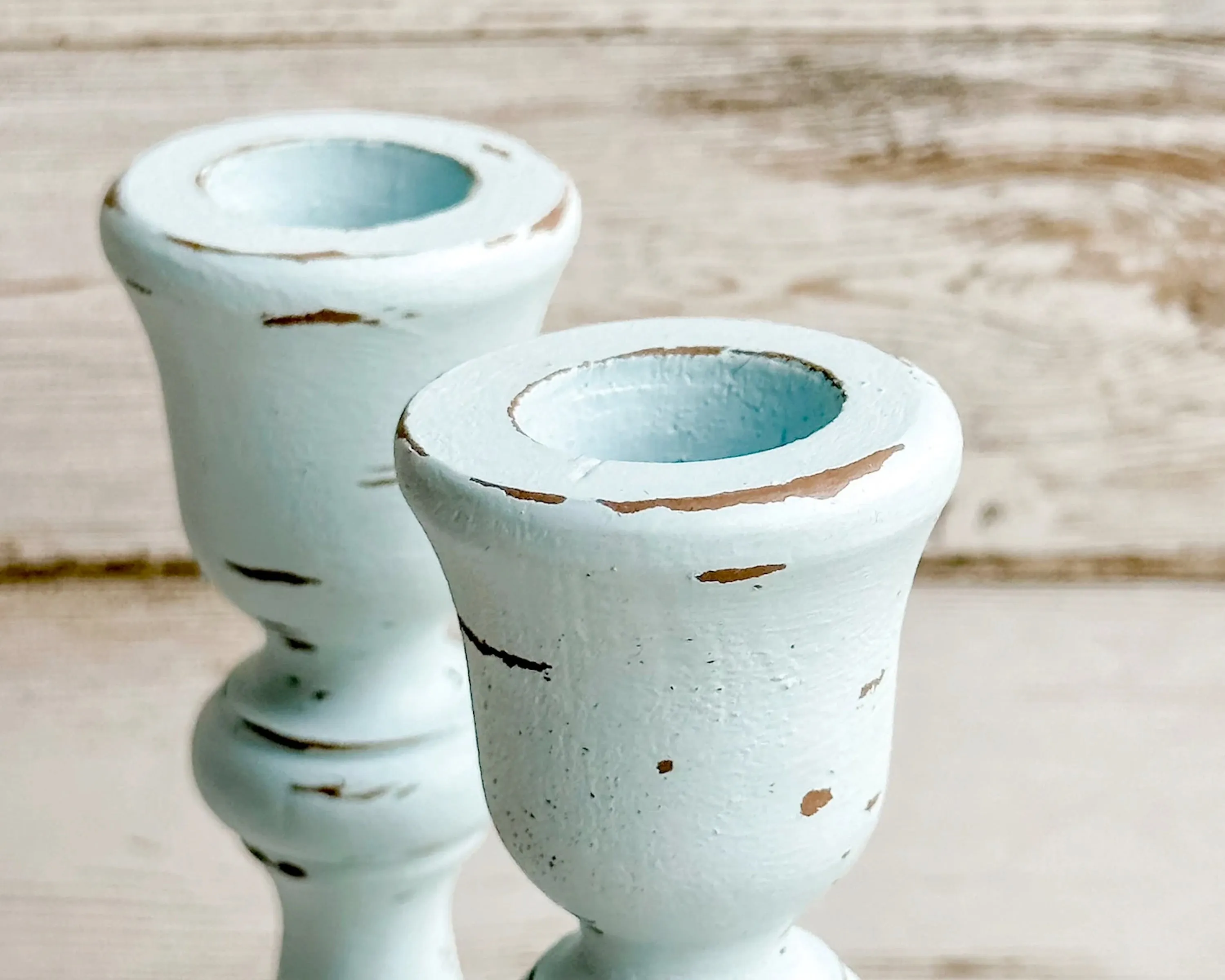 Distressed spa blue wooden candlestick set