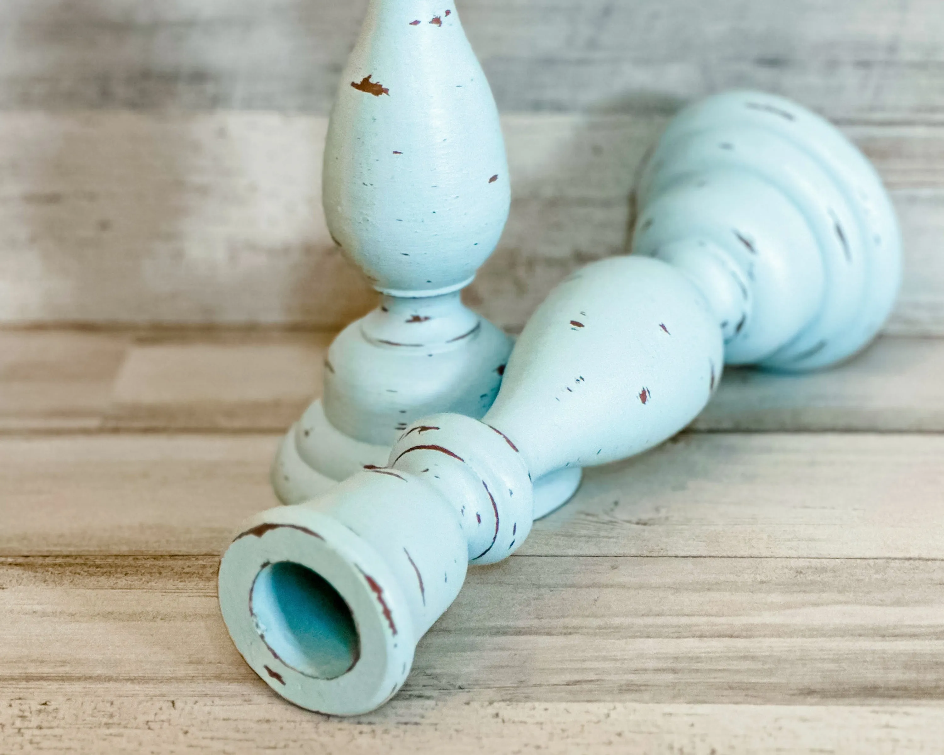 Distressed spa blue wooden candlestick set
