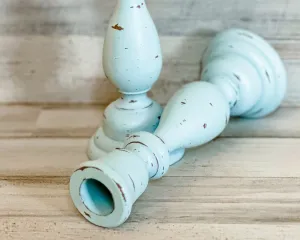 Distressed spa blue wooden candlestick set