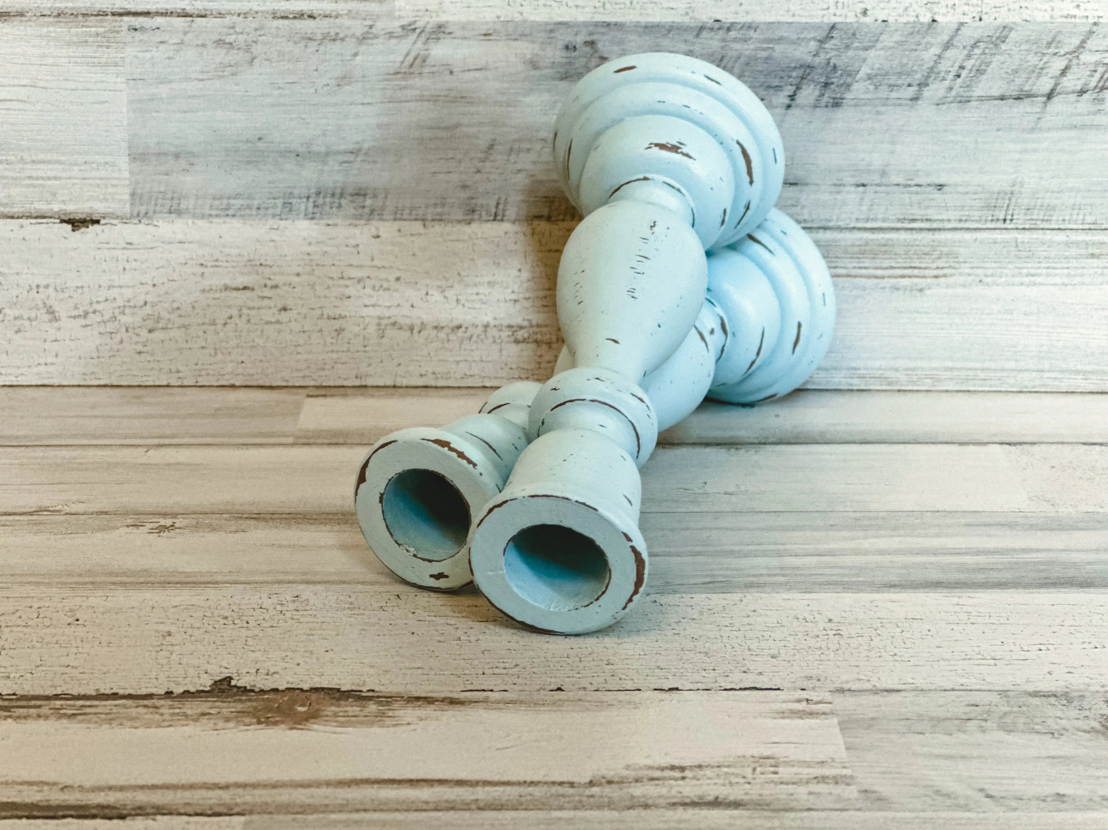 Distressed spa blue wooden candlestick set