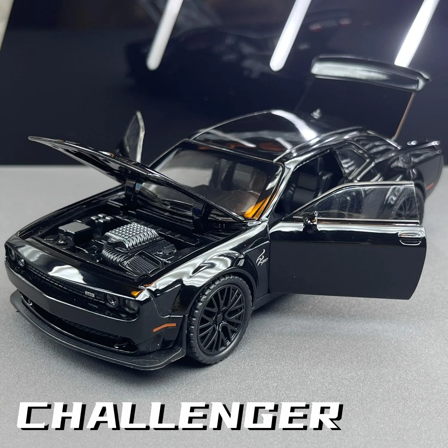 Dodge Challenger Alloy car Model Sound and Light Boys Sports car Toy car Simulation car Model Metal Ornaments Gift(Black)