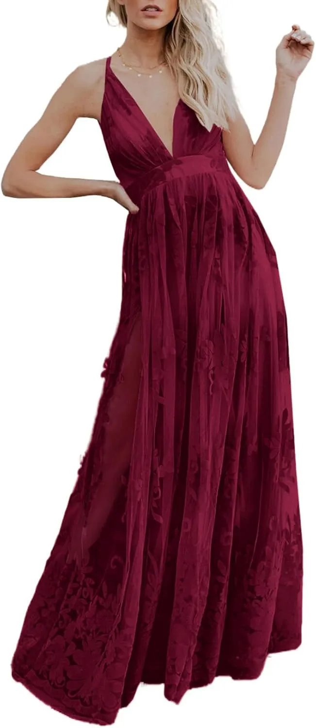 Dokotoo Womens Formal Dresses Deep V-Neck Embroidered Lace Mesh Evening Party Prom Dress Long Wedding Dress