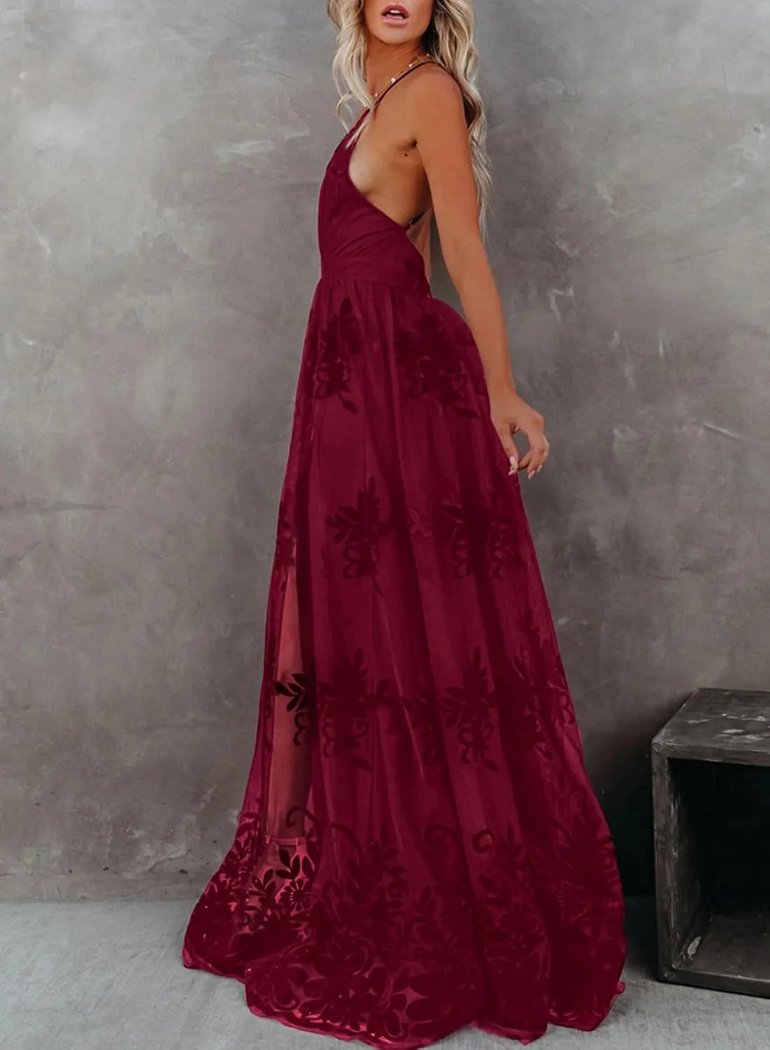 Dokotoo Womens Formal Dresses Deep V-Neck Embroidered Lace Mesh Evening Party Prom Dress Long Wedding Dress