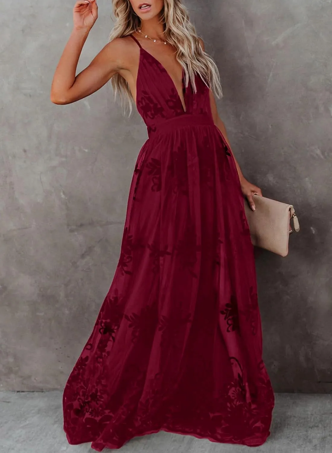 Dokotoo Womens Formal Dresses Deep V-Neck Embroidered Lace Mesh Evening Party Prom Dress Long Wedding Dress
