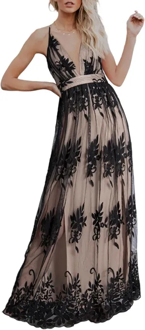 Dokotoo Womens Formal Dresses Deep V-Neck Embroidered Lace Mesh Evening Party Prom Dress Long Wedding Dress