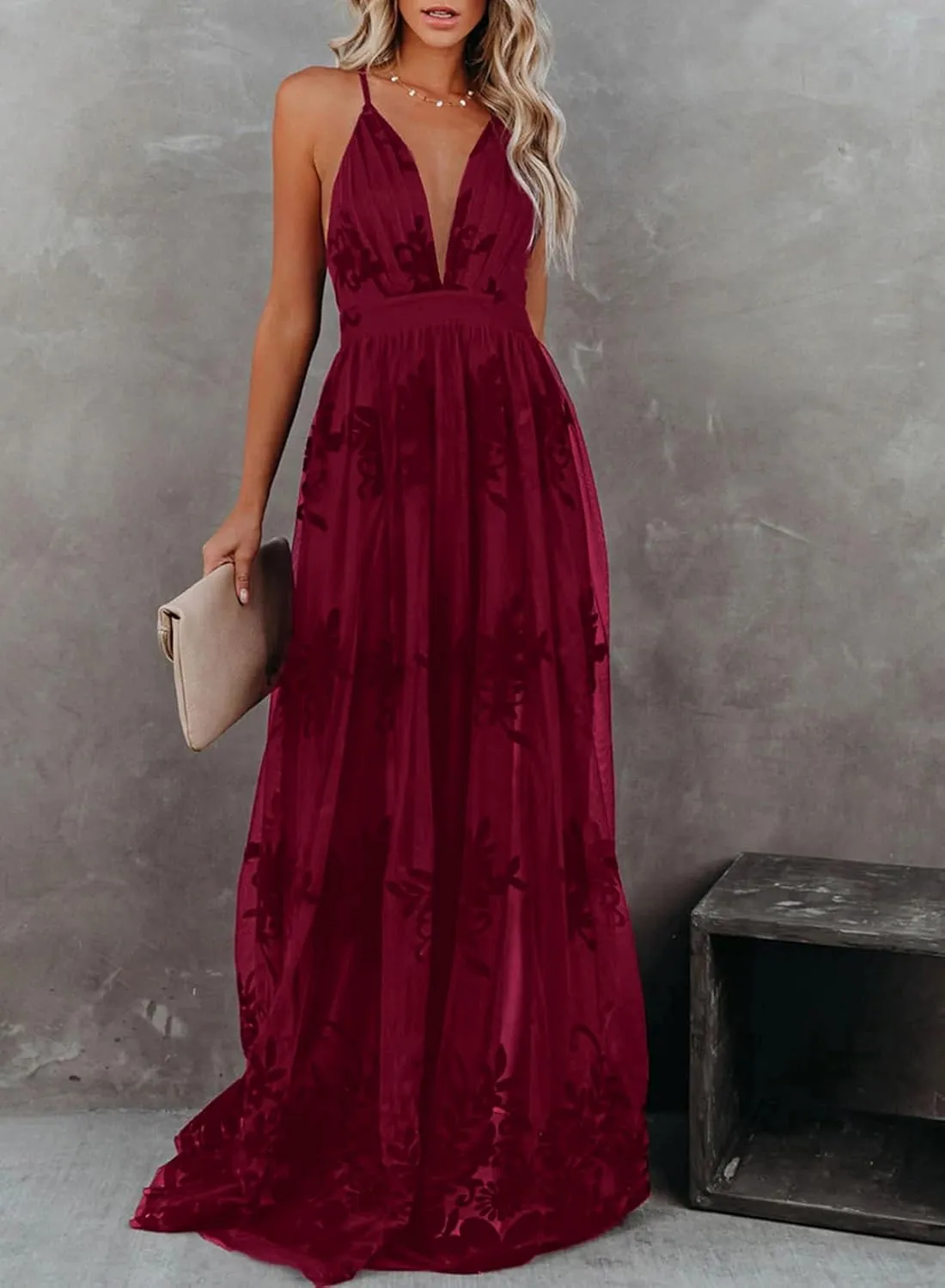 Dokotoo Womens Formal Dresses Deep V-Neck Embroidered Lace Mesh Evening Party Prom Dress Long Wedding Dress