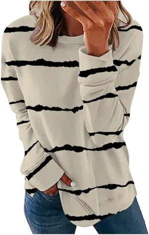 DOLKFU Sweatshirt for Women 2023 Fashion Long Sleeve Crewneck Shirts Blouse Striped Print Tops Casual Loose Blouses