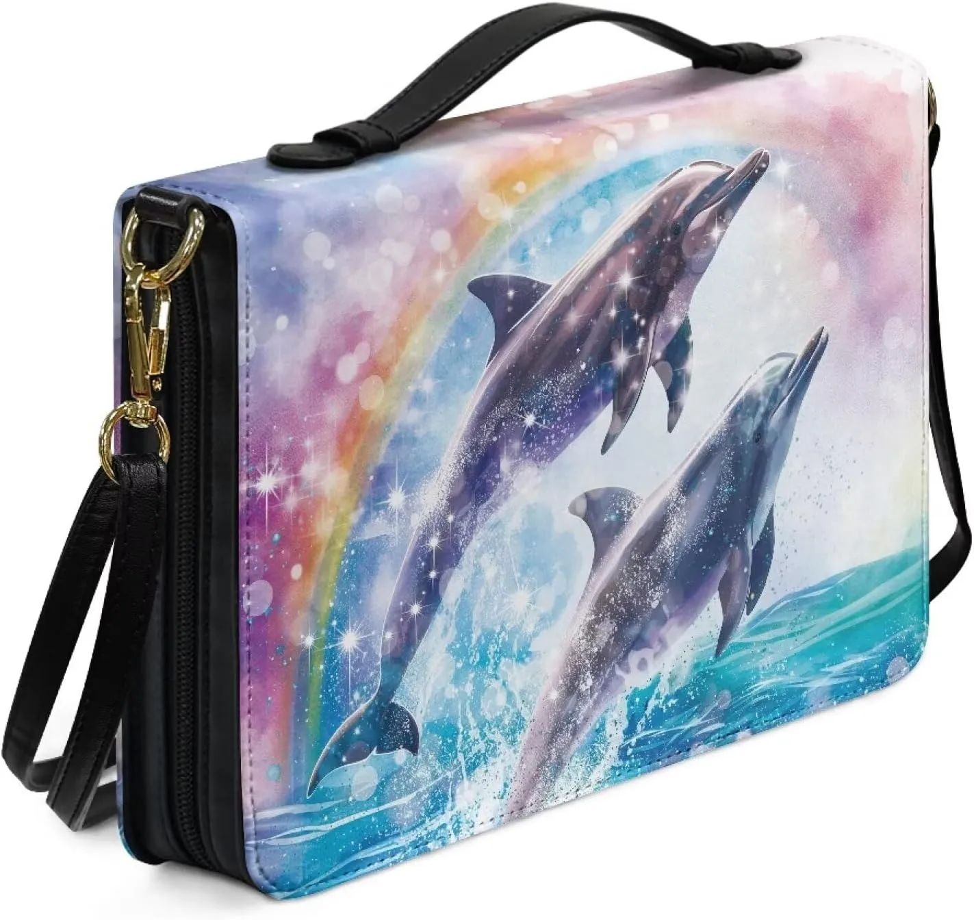 Dolphin Rainbow Print Bible Cover for Women & Men - Lightweight Study Bible Carrying Case - Large Capacity Scripture Bag - Crossbody Shoulder Bag, 2XL
