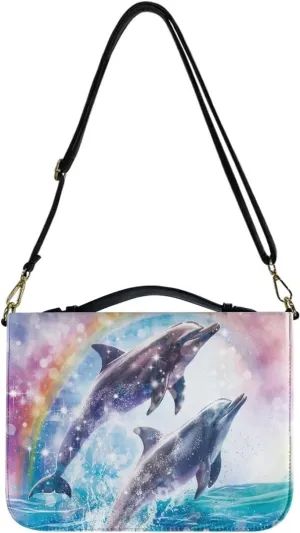 Dolphin Rainbow Print Bible Cover for Women & Men - Lightweight Study Bible Carrying Case - Large Capacity Scripture Bag - Crossbody Shoulder Bag, 2XL