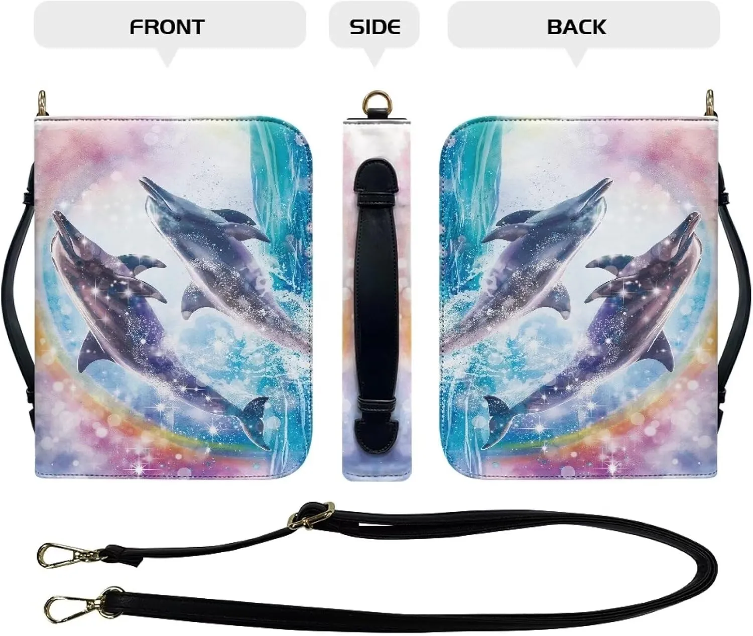 Dolphin Rainbow Print Bible Cover for Women & Men - Lightweight Study Bible Carrying Case - Large Capacity Scripture Bag - Crossbody Shoulder Bag, 2XL