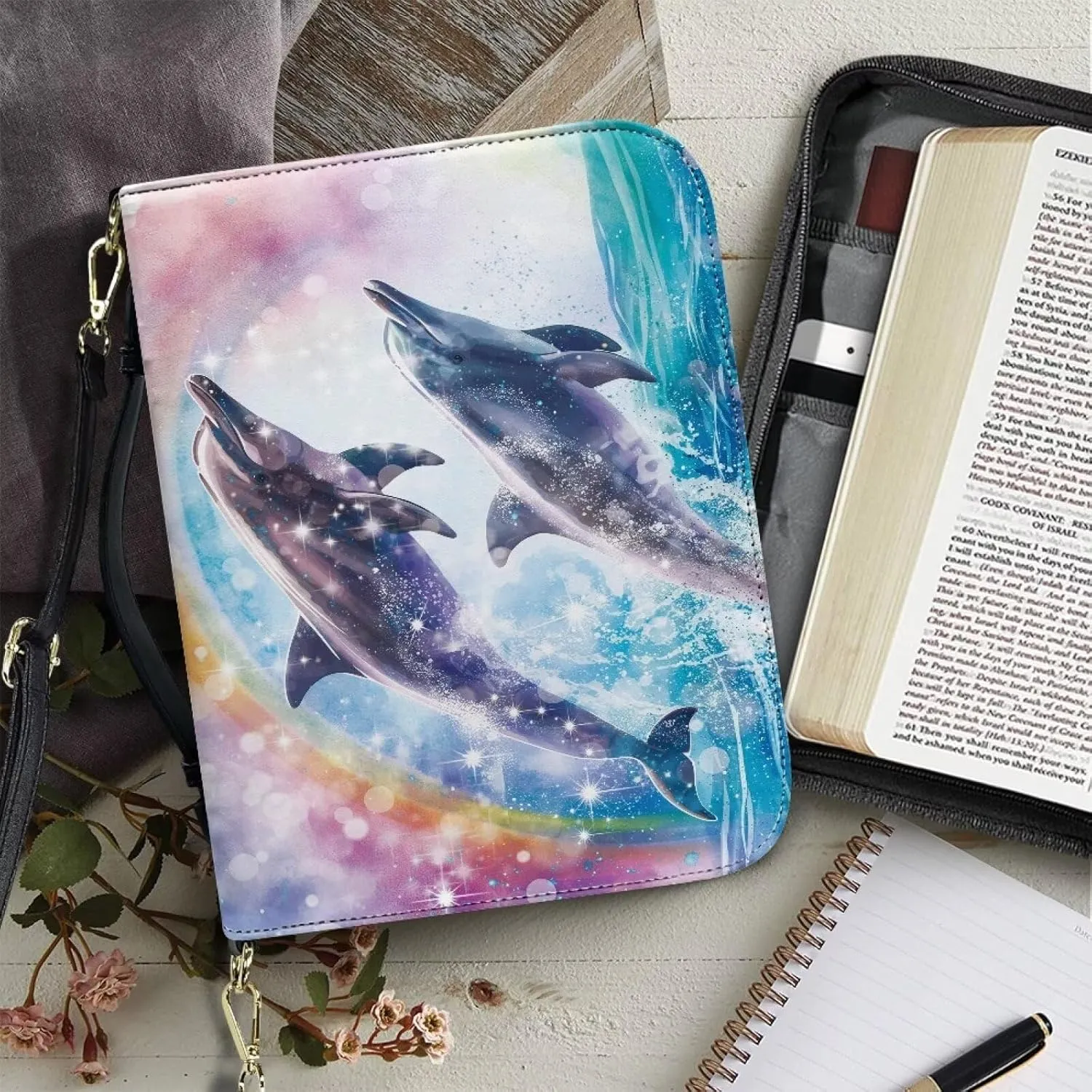 Dolphin Rainbow Print Bible Cover for Women & Men - Lightweight Study Bible Carrying Case - Large Capacity Scripture Bag - Crossbody Shoulder Bag, 2XL