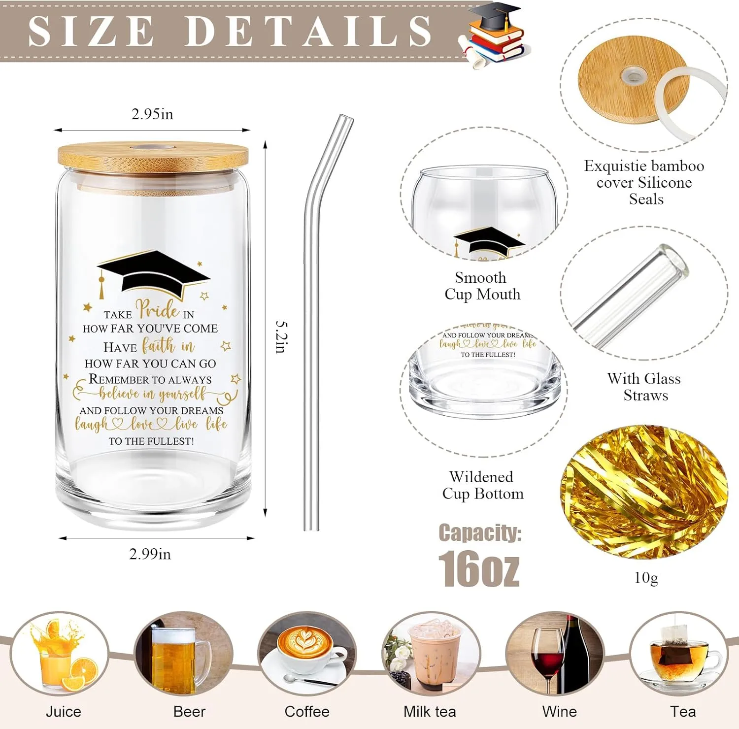 Domensi 6 Pcs Class of 2025 Graduation Gift for Her 16oz Glass Cup Makeup Bag Compass Journal Ballpoint Pens Inspirational Graduation Gift Set for College High School Daughter Sister Friend(Black)
