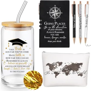 Domensi 6 Pcs Class of 2025 Graduation Gift for Her 16oz Glass Cup Makeup Bag Compass Journal Ballpoint Pens Inspirational Graduation Gift Set for College High School Daughter Sister Friend(Black)