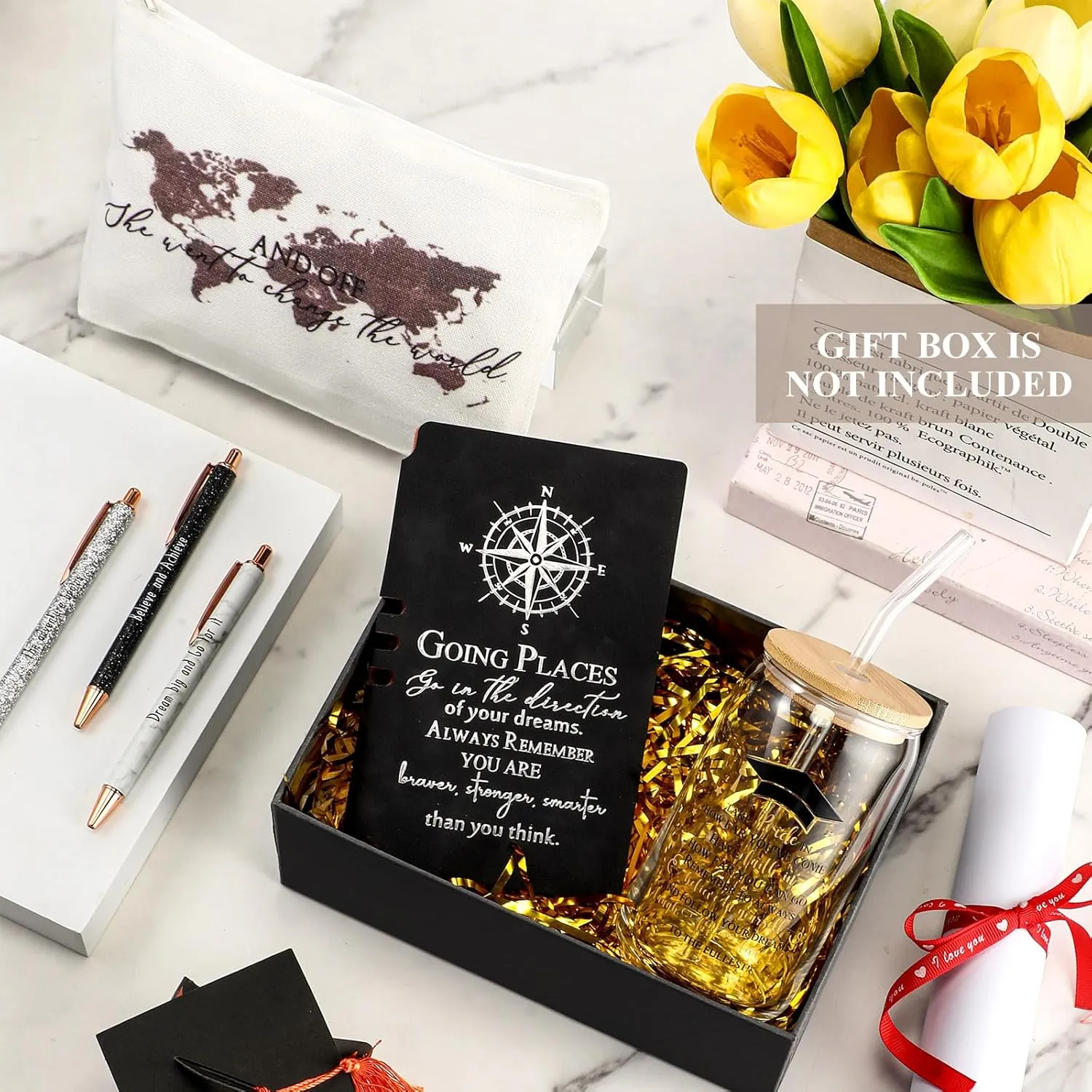 Domensi 6 Pcs Class of 2025 Graduation Gift for Her 16oz Glass Cup Makeup Bag Compass Journal Ballpoint Pens Inspirational Graduation Gift Set for College High School Daughter Sister Friend(Black)