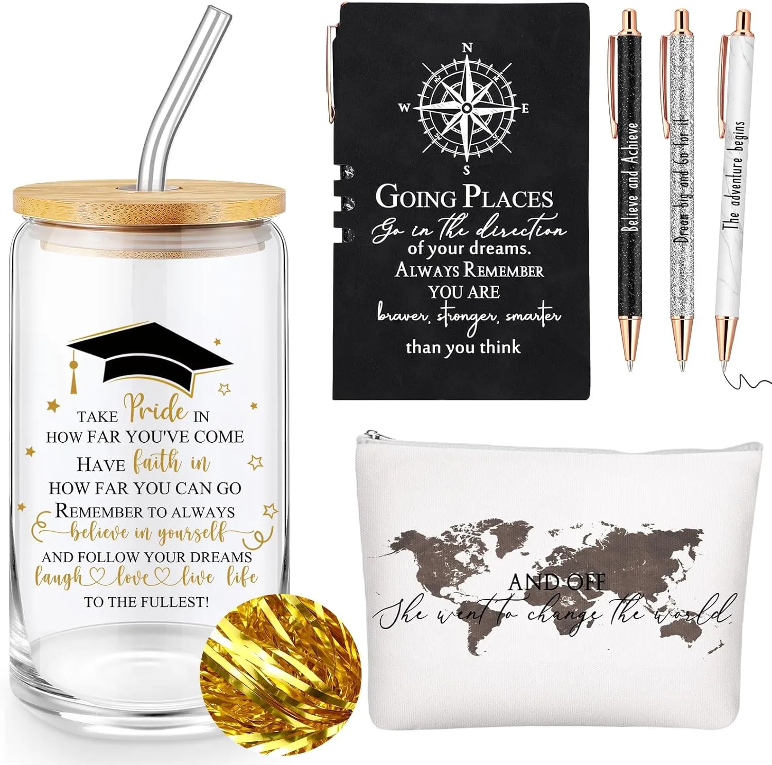 Domensi 6 Pcs Class of 2025 Graduation Gift for Her 16oz Glass Cup Makeup Bag Compass Journal Ballpoint Pens Inspirational Graduation Gift Set for College High School Daughter Sister Friend(Black)