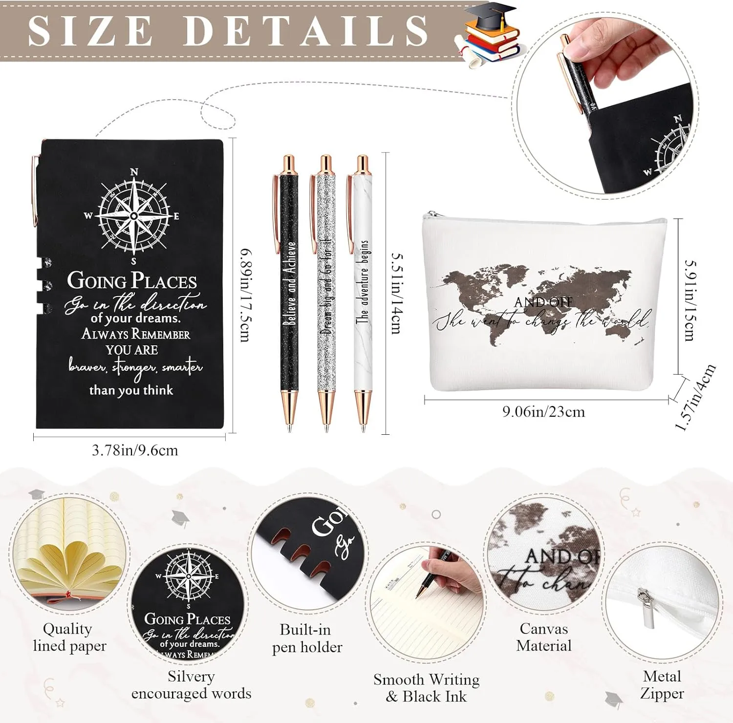 Domensi 6 Pcs Class of 2025 Graduation Gift for Her 16oz Glass Cup Makeup Bag Compass Journal Ballpoint Pens Inspirational Graduation Gift Set for College High School Daughter Sister Friend(Black)