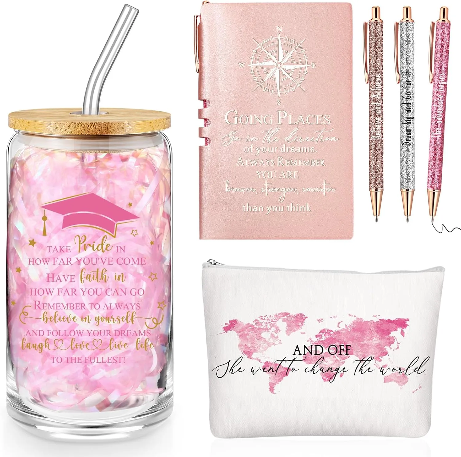Domensi 6 Pcs Class of 2025 Graduation Gift for Her 16oz Glass Cup Makeup Bag Compass Journal Ballpoint Pens Inspirational Graduation Gift Set for College High School Daughter Sister Friend(Pink)