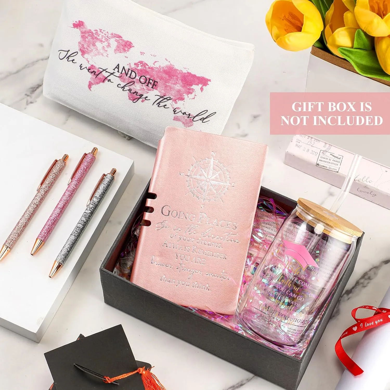 Domensi 6 Pcs Class of 2025 Graduation Gift for Her 16oz Glass Cup Makeup Bag Compass Journal Ballpoint Pens Inspirational Graduation Gift Set for College High School Daughter Sister Friend(Pink)