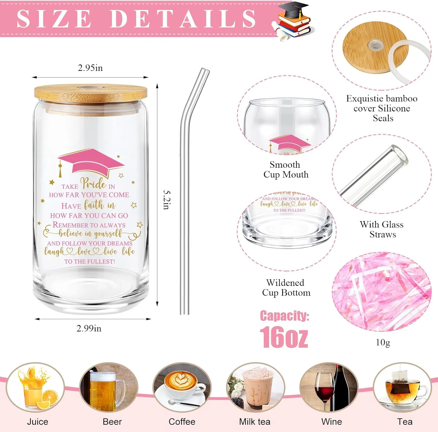 Domensi 6 Pcs Class of 2025 Graduation Gift for Her 16oz Glass Cup Makeup Bag Compass Journal Ballpoint Pens Inspirational Graduation Gift Set for College High School Daughter Sister Friend(Pink)
