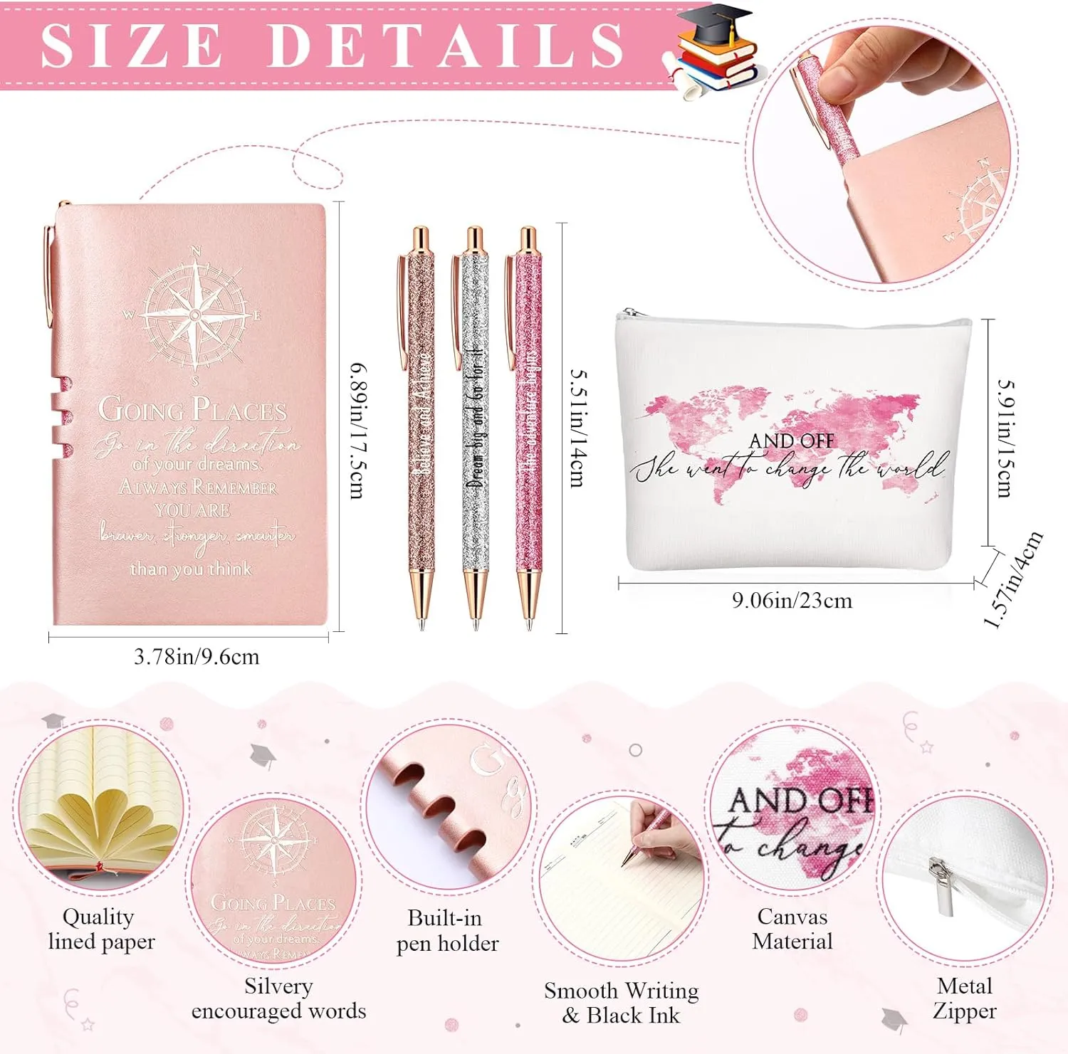 Domensi 6 Pcs Class of 2025 Graduation Gift for Her 16oz Glass Cup Makeup Bag Compass Journal Ballpoint Pens Inspirational Graduation Gift Set for College High School Daughter Sister Friend(Pink)