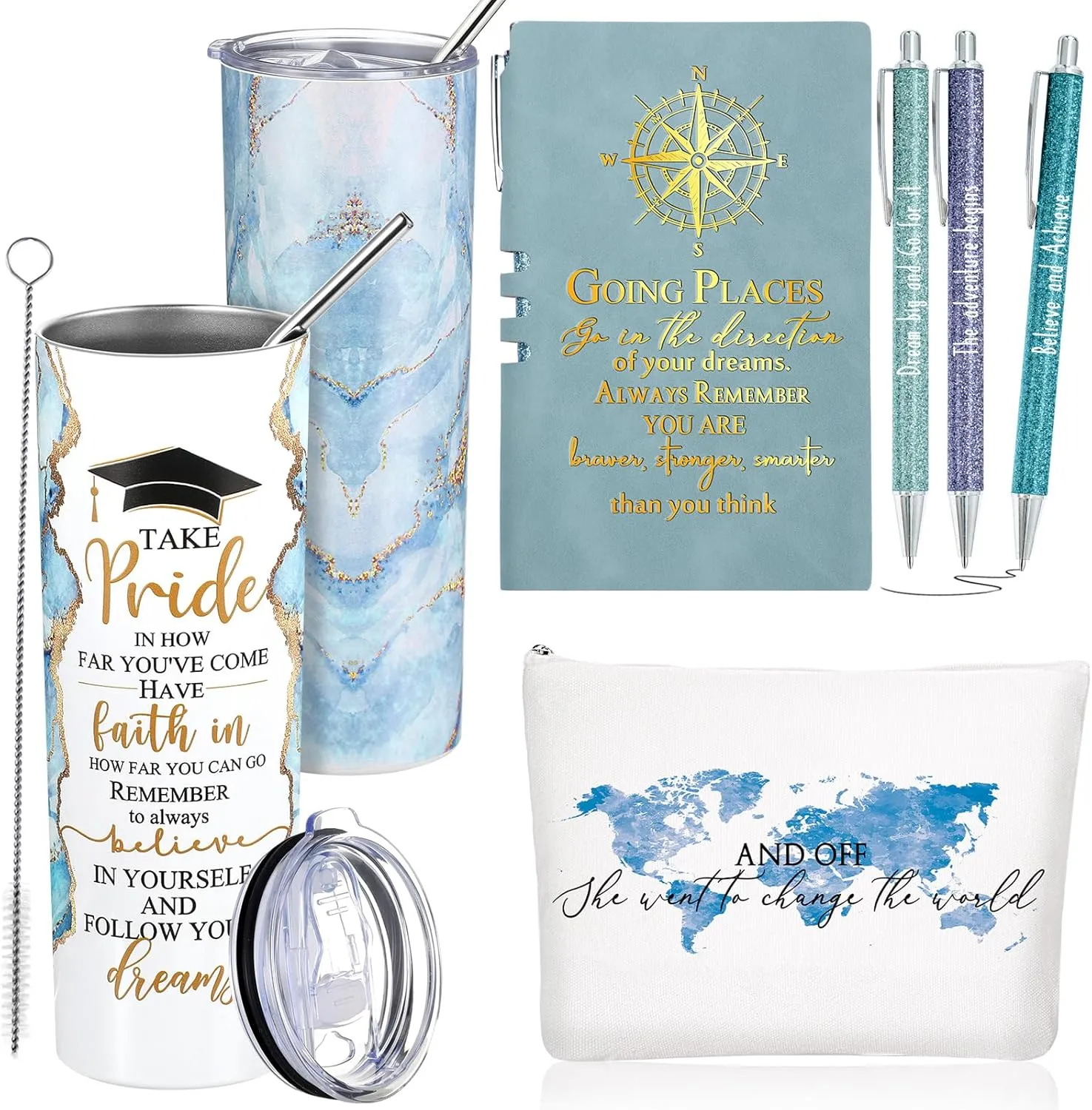 Domensi 6 Pcs Class of 2025 Graduation Gifts for Her Women Blue 20 oz Tumbler Makeup Bag Journal Ballpoint Pen Inspirational Graduation Gifts Set for College High School Daughter Sister Friend