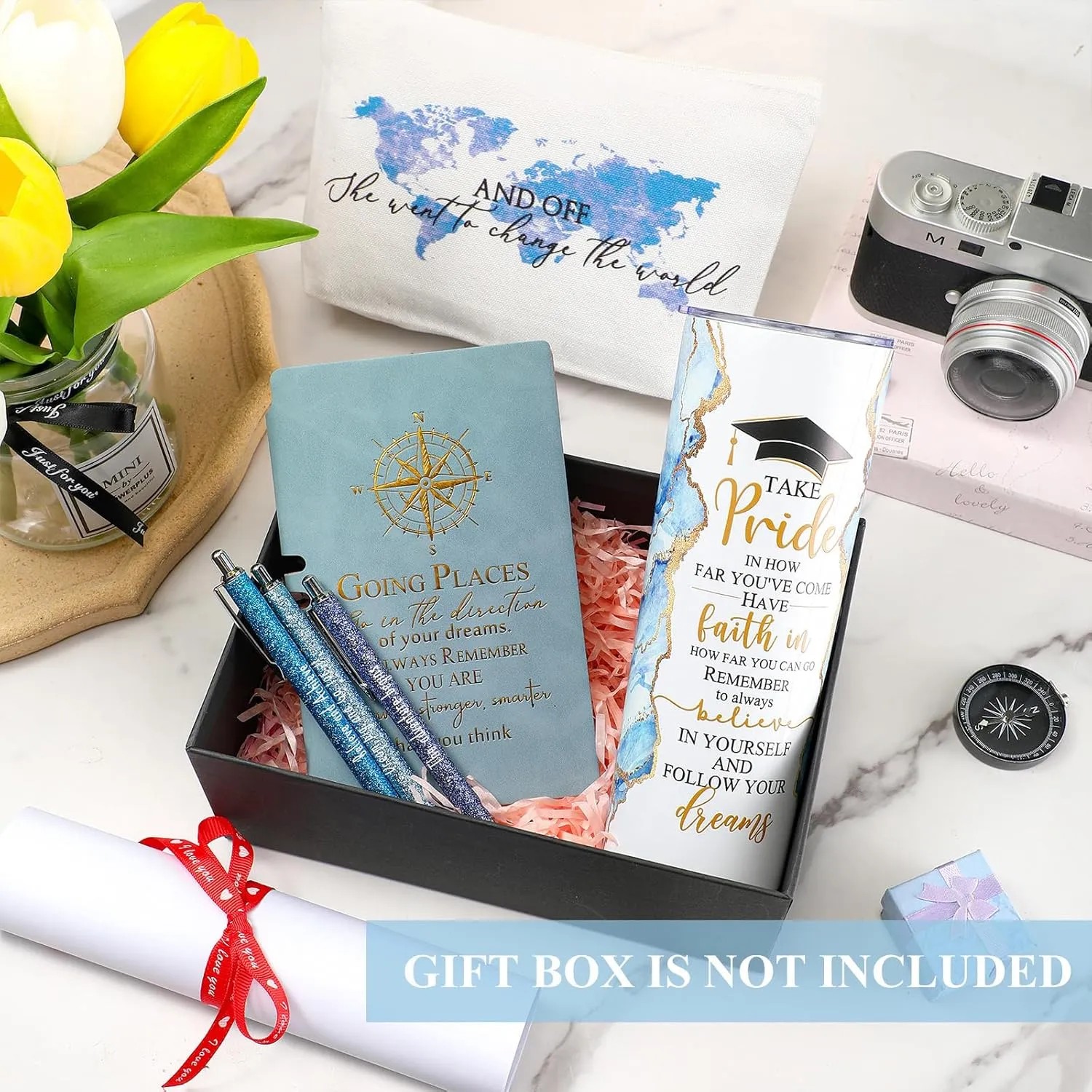 Domensi 6 Pcs Class of 2025 Graduation Gifts for Her Women Blue 20 oz Tumbler Makeup Bag Journal Ballpoint Pen Inspirational Graduation Gifts Set for College High School Daughter Sister Friend